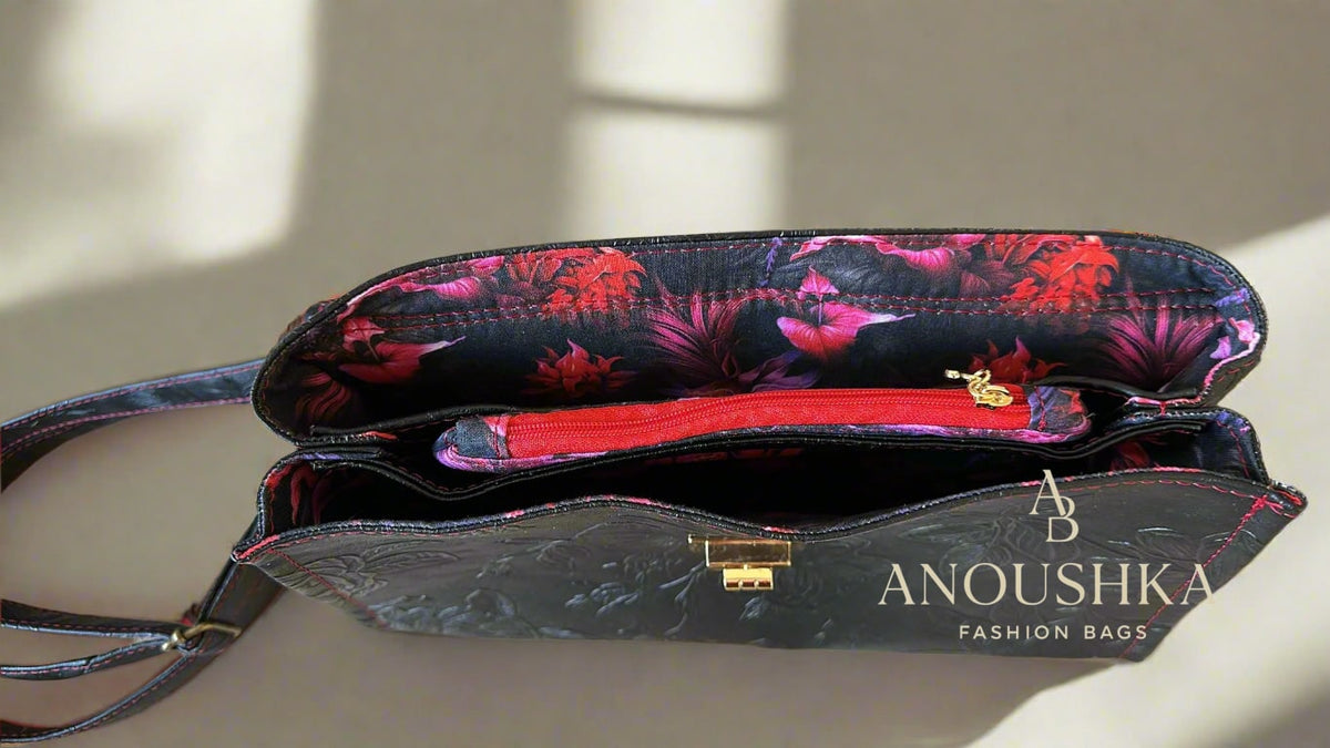Luxury Set Black Floral Handbag & Clutch Purse