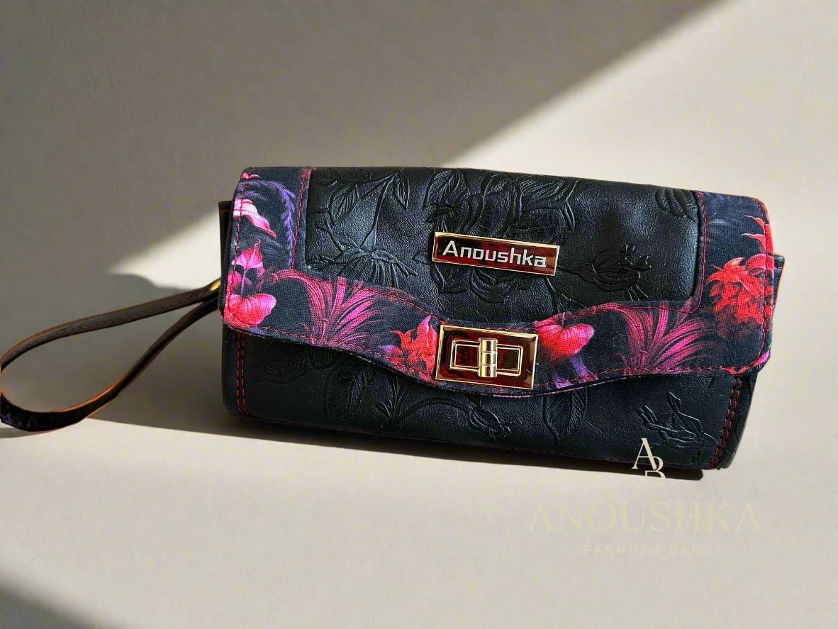 Luxury Set Black Floral Handbag & Clutch Purse