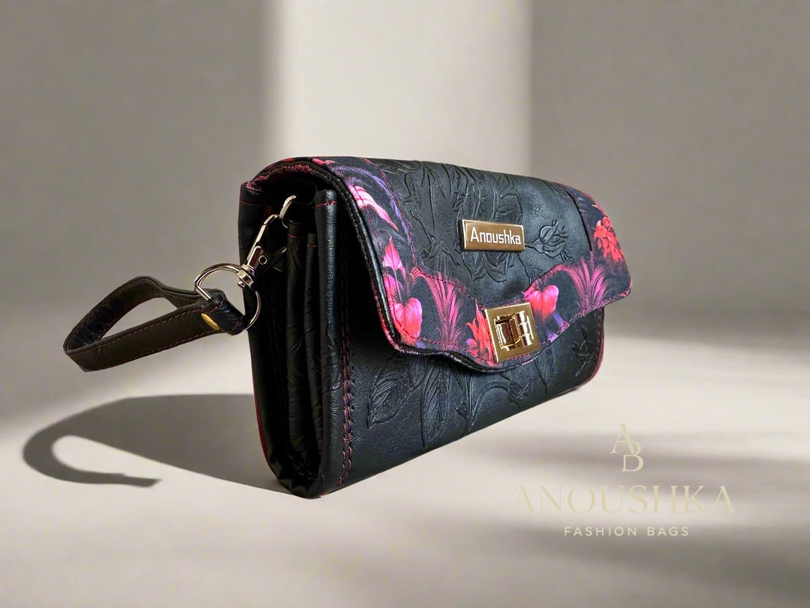 Luxury Set Black Floral Handbag & Clutch Purse
