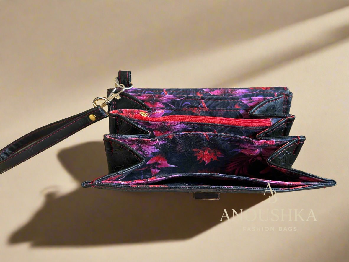 Luxury Set Black Floral Handbag & Clutch Purse