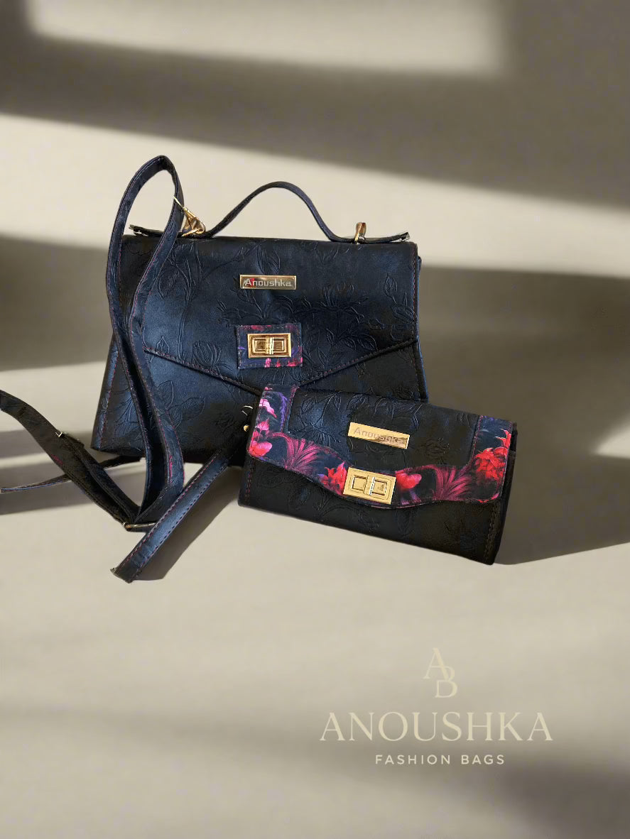 Luxury Set Black Floral Handbag & Clutch Purse