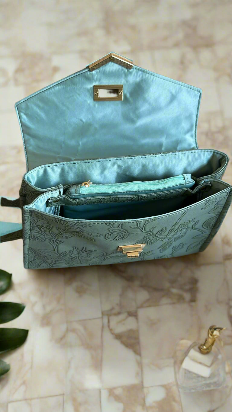 Luxury Set  Green Floral Handbag & Clutch Purse