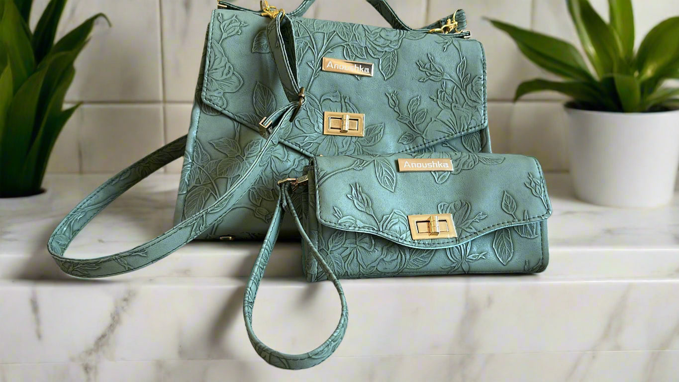 Luxury Set  Green Floral Handbag & Clutch Purse