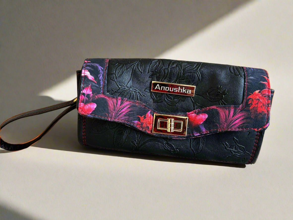 Luxury Set  Black floral Handbag & Clutch Purse