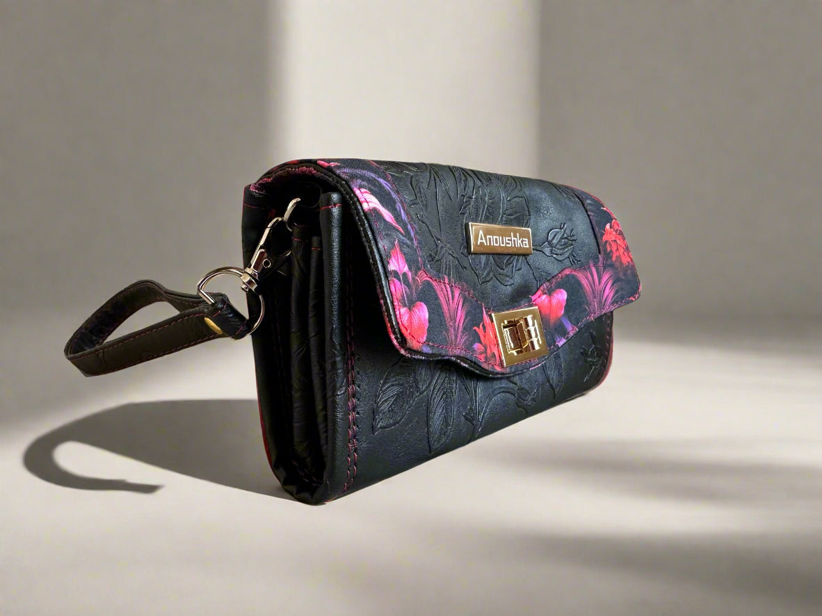 Luxury Set  Black floral Handbag & Clutch Purse