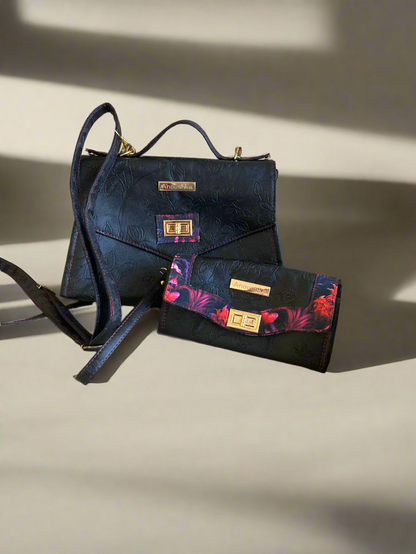 Luxury Set  Black floral Handbag & Clutch Purse