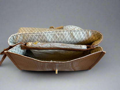 Luxury set chocolate crocodile skin Handbag, Clutch Purse & Glasses Case