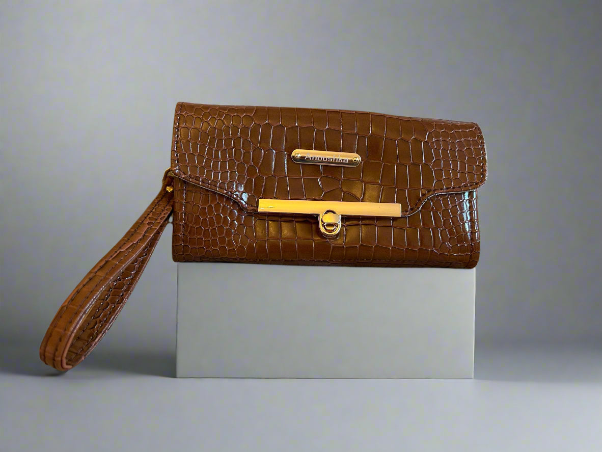 Luxury set chocolate crocodile skin Handbag, Clutch Purse & Glasses Case