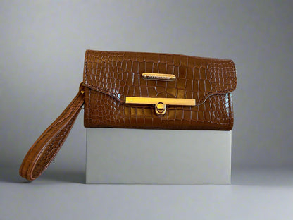 Luxury set chocolate crocodile skin Handbag, Clutch Purse & Glasses Case