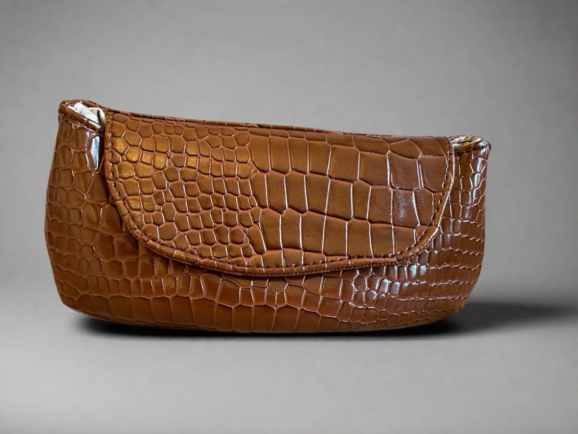 Luxury set chocolate crocodile skin Handbag, Clutch Purse & Glasses Case