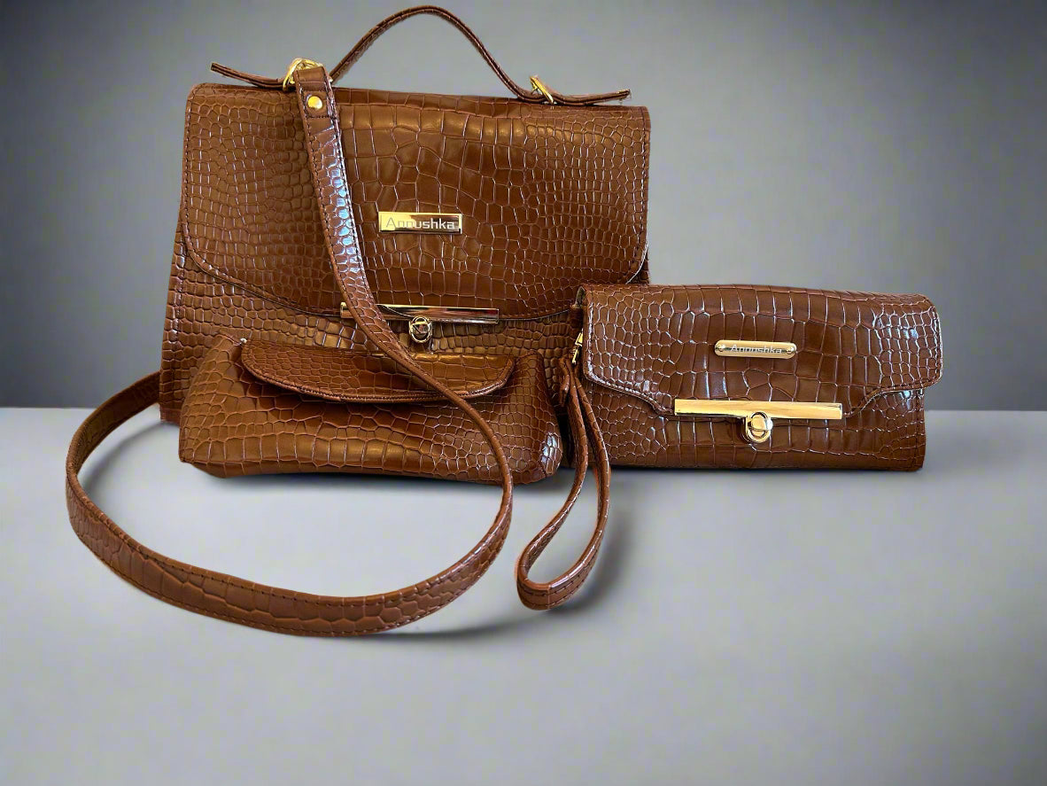 Luxury set chocolate crocodile skin Handbag, Clutch Purse & Glasses Case