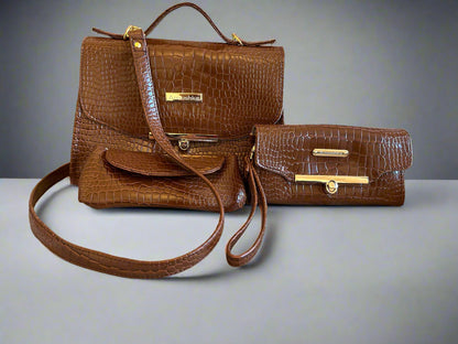 Luxury set chocolate crocodile skin Handbag, Clutch Purse & Glasses Case