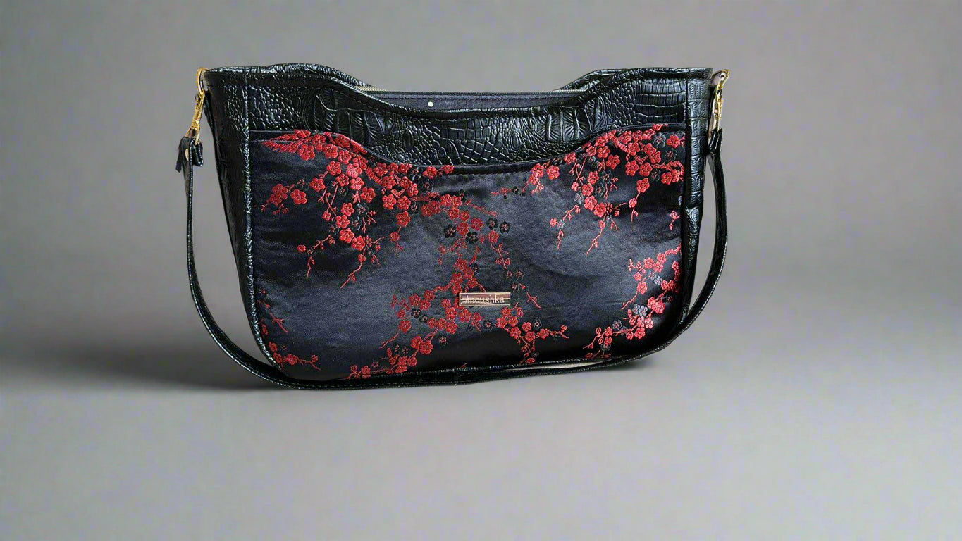 Kiana black crocodile Chinese red accent Handbag