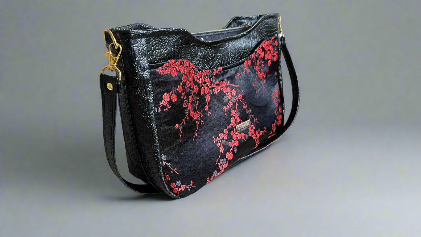 Kiana black crocodile Chinese red accent Handbag